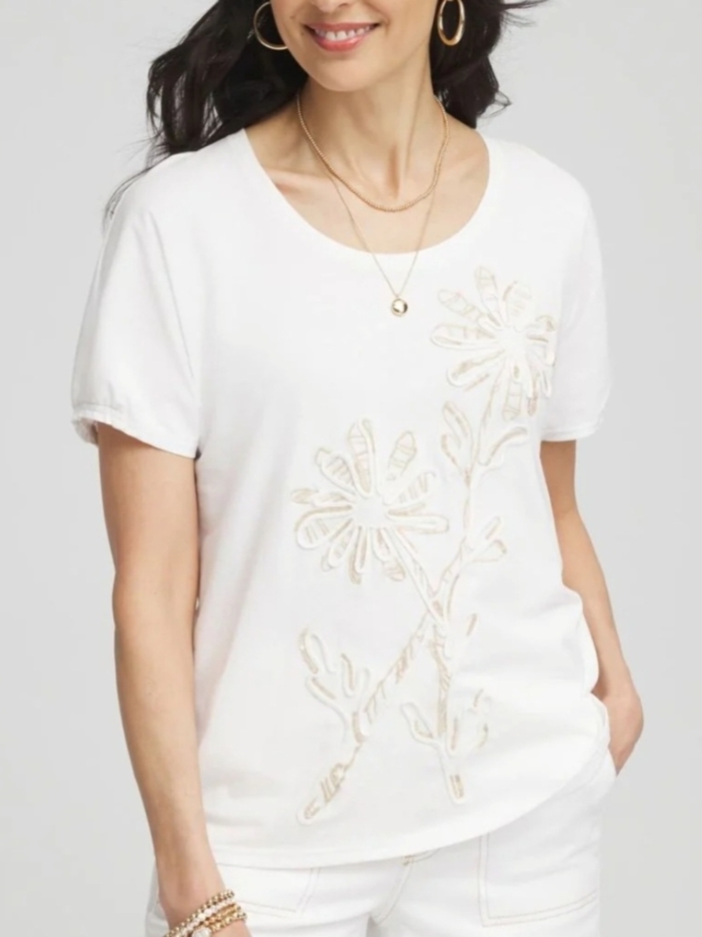 Artisanal White Floral Embroidered Women's Tee